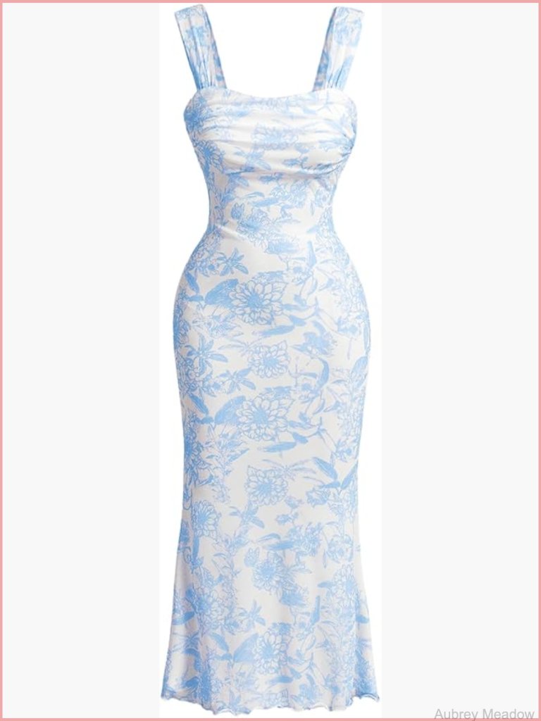 Ruched Mermaid Midi Dress With Floral Print, Square Neck, Sleeveless, Pull On,
